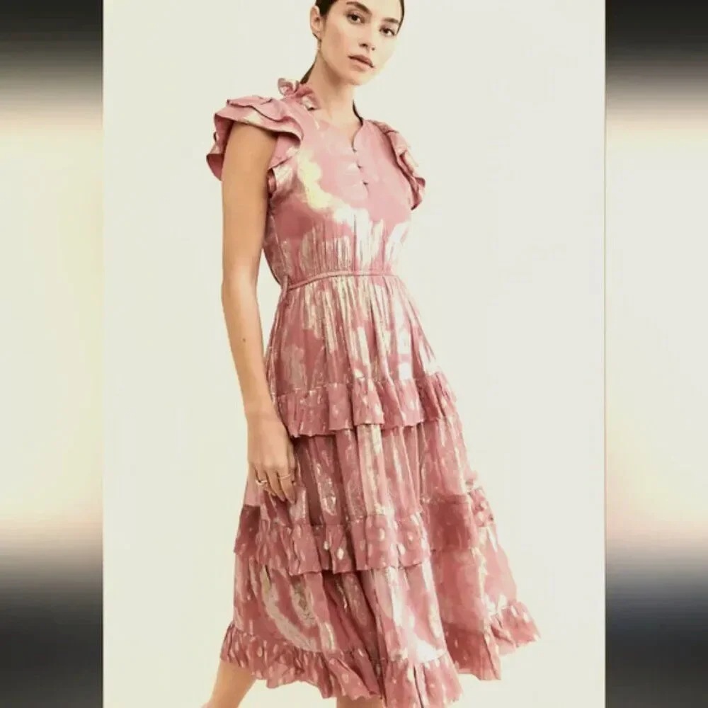 Anthropologie 🪷Ollari Orchid tiered  ruffles opalescent Dress in lilac Small ⭐️ - Picture 10 of 10